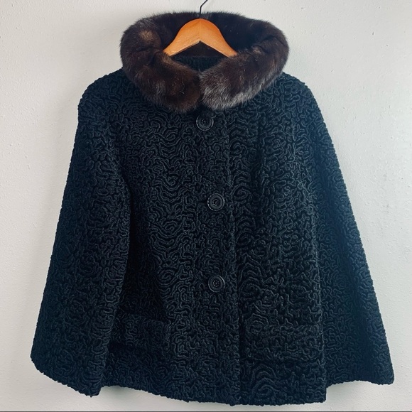 VTG 50s Mink & Persian Curly Lamb Wool Dinner Coat - Picture 2 of 15